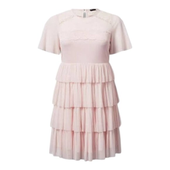 Torrid Light Pink Mesh & Lace Tiered Ruffle Mini Dress w/ Short Sleeves Size 12 - Picture 1 of 5